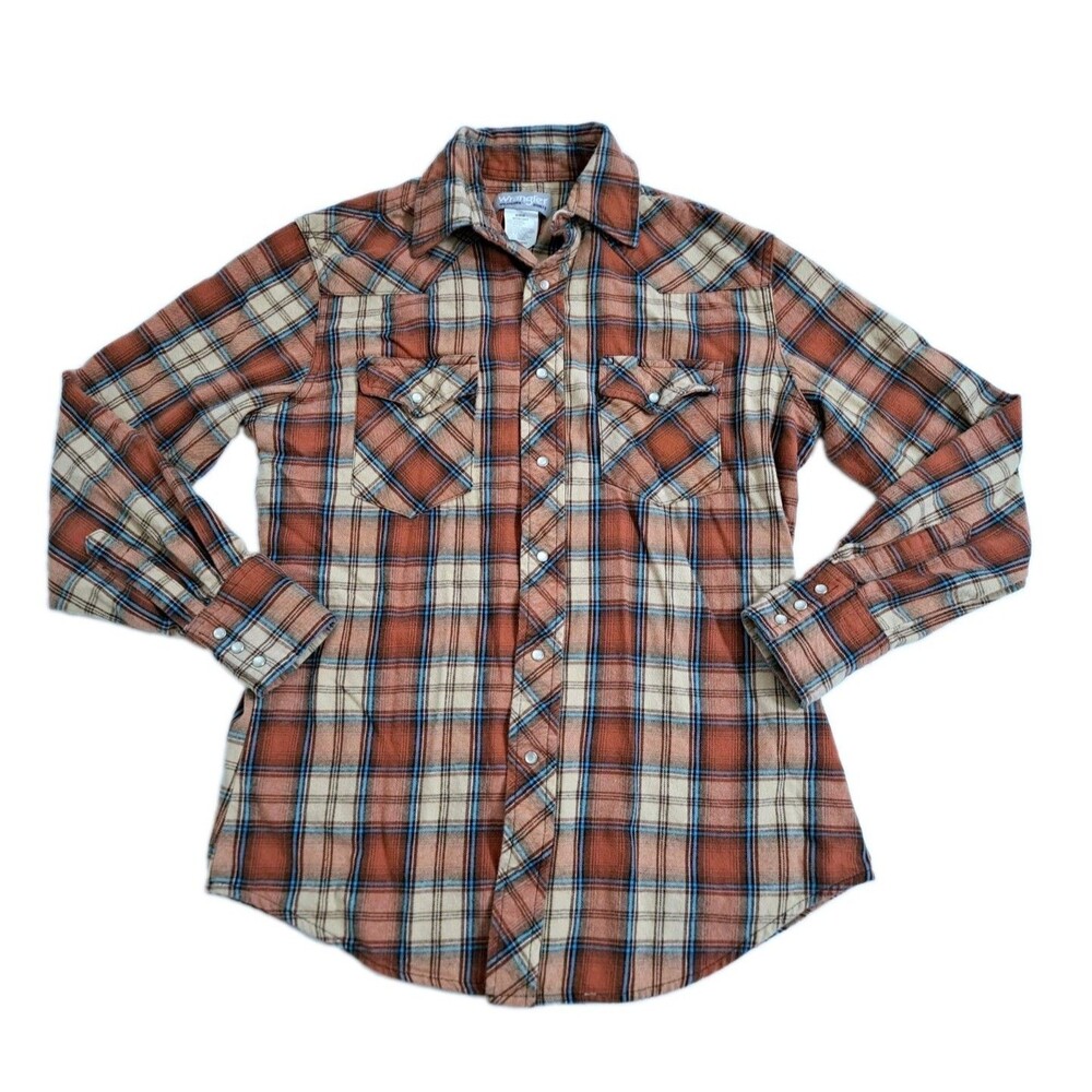Wrangler Western Wrancher Shirt Mens Medium Plaid Orange Pearl Snap Cowboy